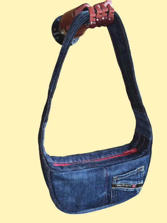 upcycled denim handbag, dark blue Diesel denim, red zipper