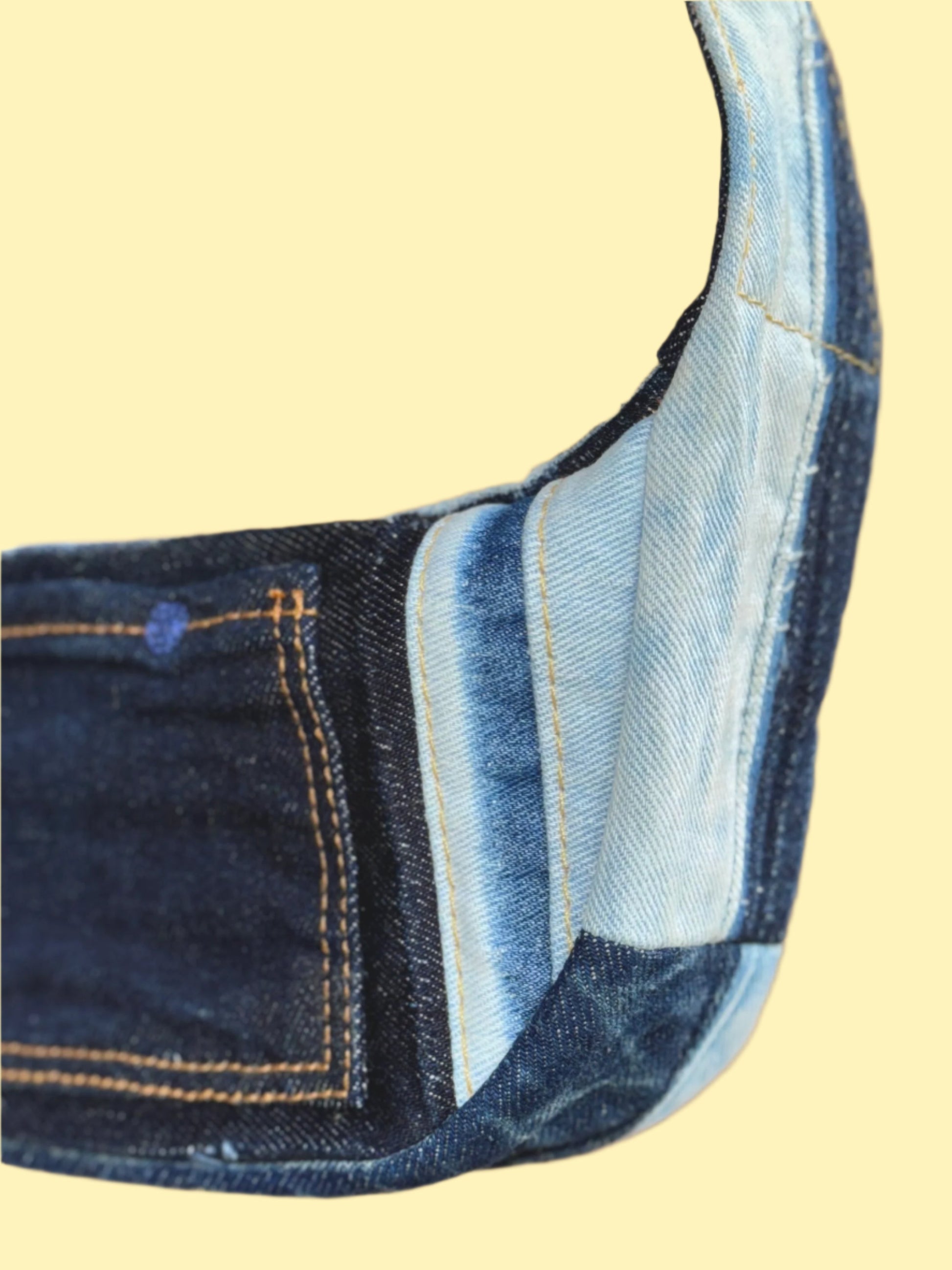 Contrasting Upcycled Denim Purse by KIOKU Studio close up