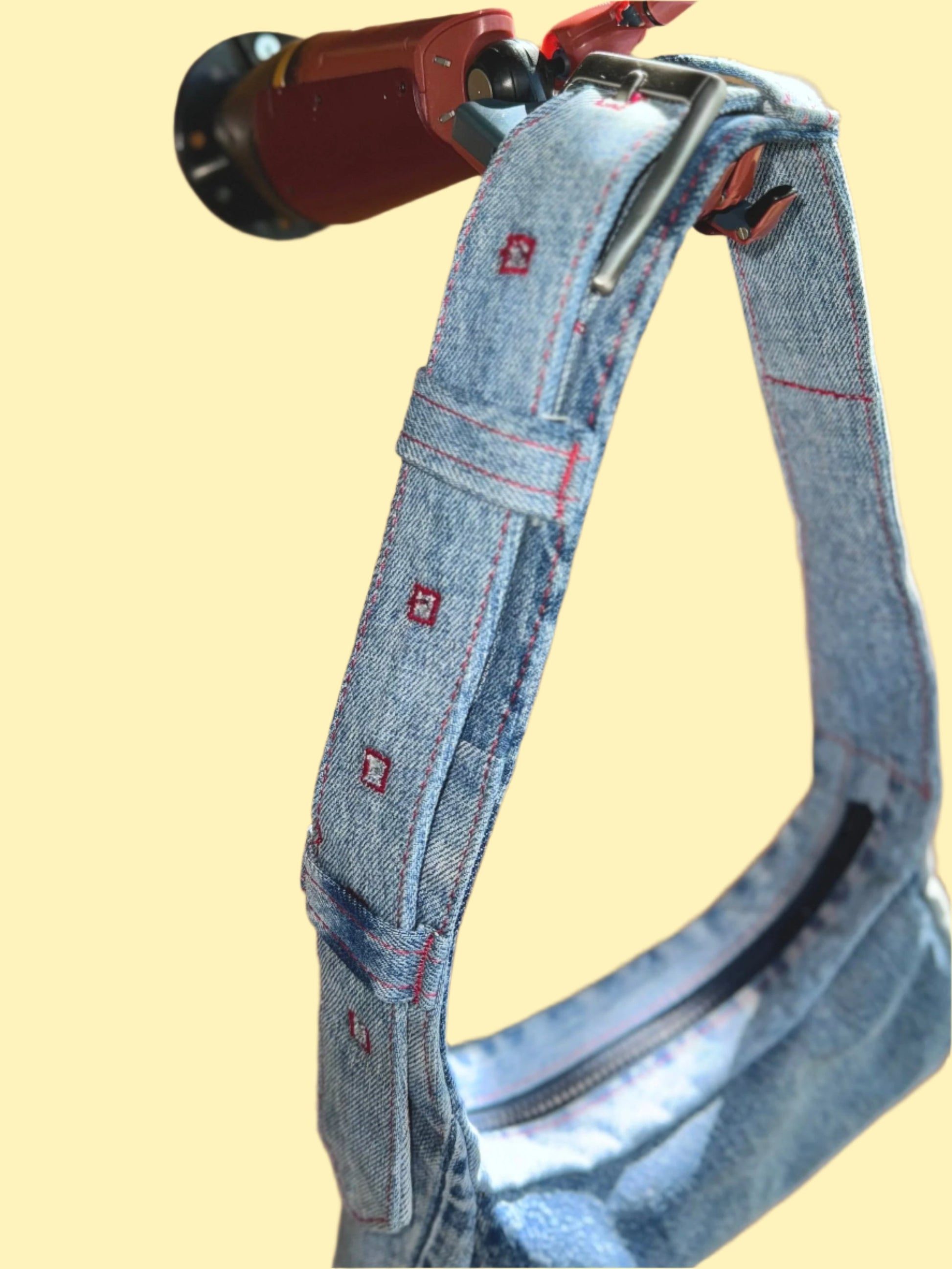 Upcycled Light Blue Denim handbag by KIOKU Studio belt shoulder strap close up