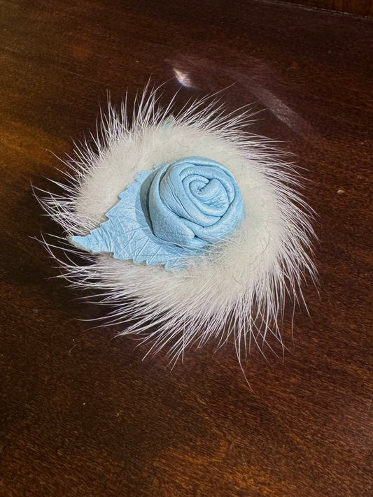 1960s vintage blue leather rose & white fur brooch