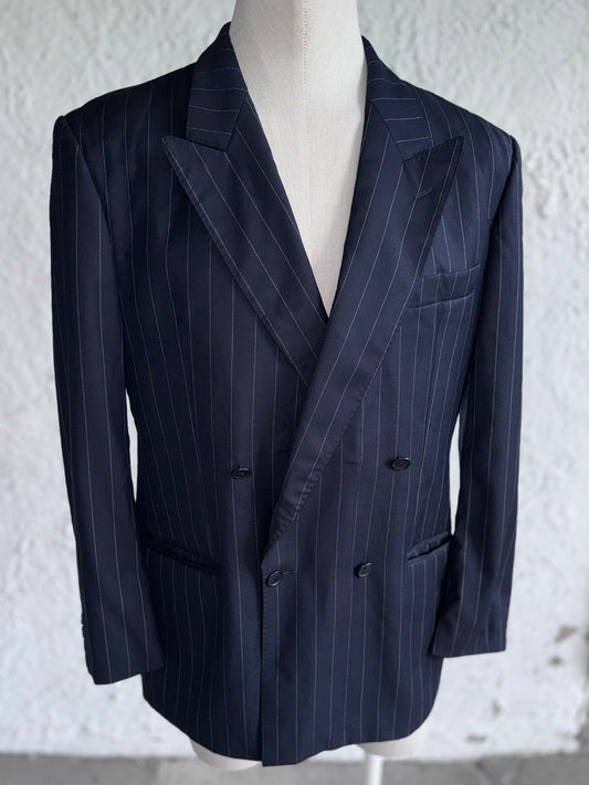 1980s vintage navy pinstripe double breasted wool blazer • Oscar Jacobson