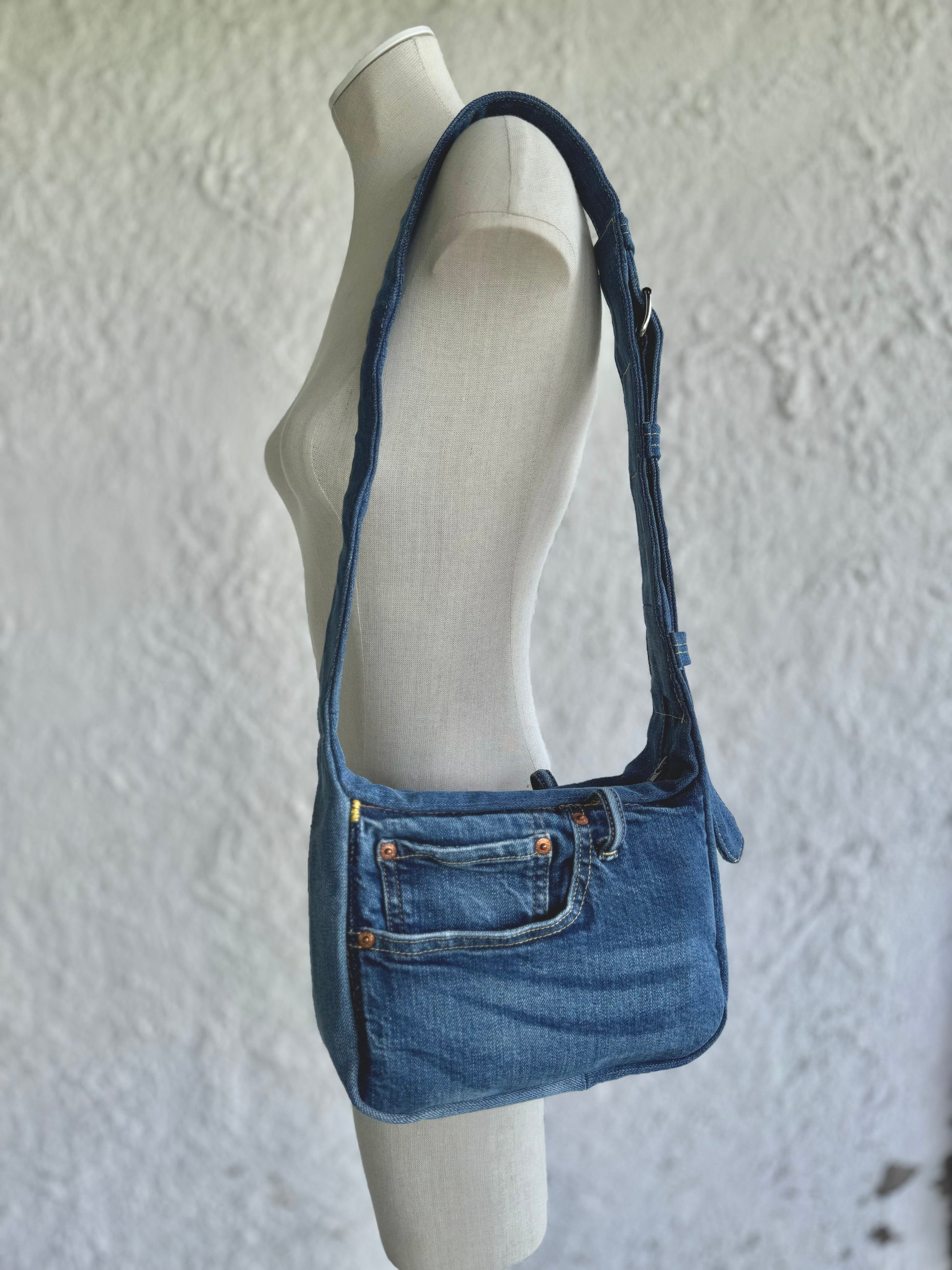 blue denim crossbody bag by KIOKU Studio